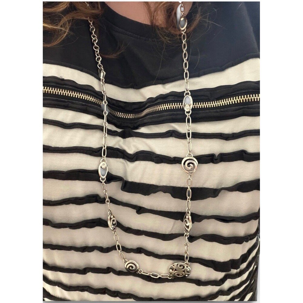 Brighton Silver Tone Long Swirl Pattern Rhinestone Necklace 21in